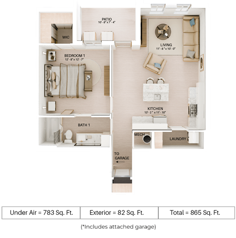 Floor plan for 1 bed, 1 bath, 783 sqft